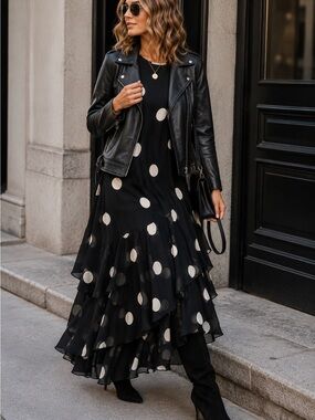 LOFT Black Maxi Dress with Cream Polka Dots